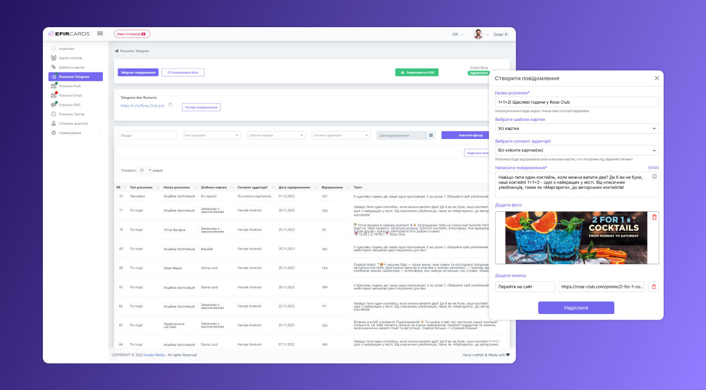 Telegram notifications for club loyalty system